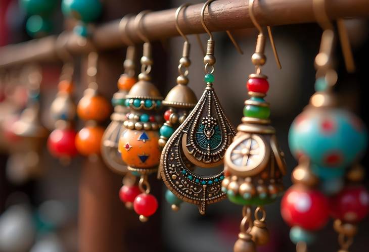 Vintage Earrings in a Colorful Display at the Beach Bazaar